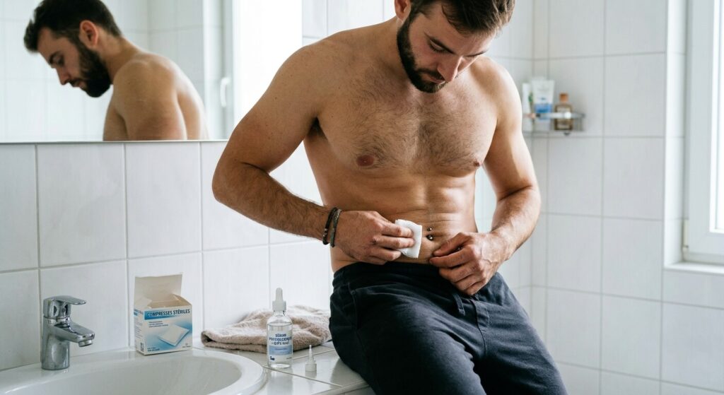 Piercing au nombril pour homme : styles, douleur et cicatrisation 4 Application d'une compresse de sérum physiologique pour nettoyer un piercing au nombril.
