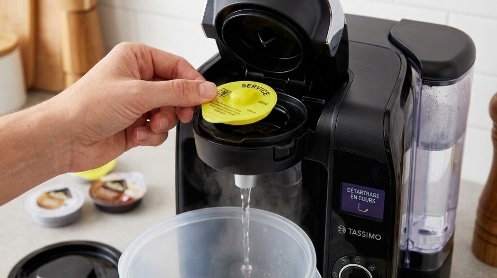 T-Disc de service jaune officiel Tassimo inséré dans le lecteur de dosette pour le détartrage.