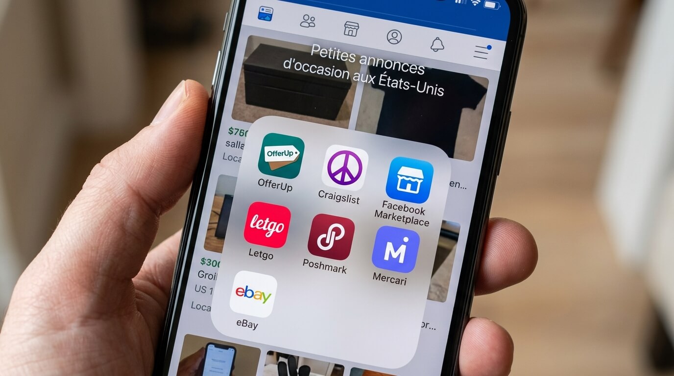 Écran de smartphone affichant des applications de petites annonces d'occasion aux États-Unis.