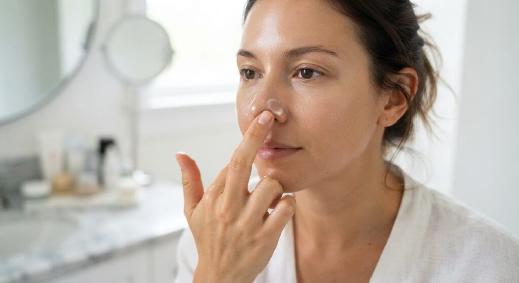 Application d'une petite noisette de primer lissant sur les ailes du nez et les pores des joues.