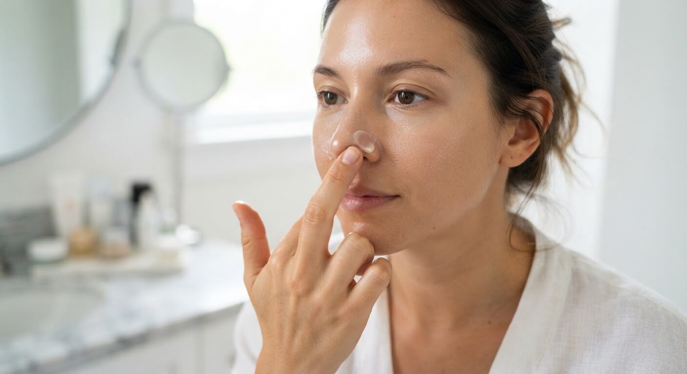 Application d'une petite noisette de primer lissant sur les ailes du nez et les pores des joues.