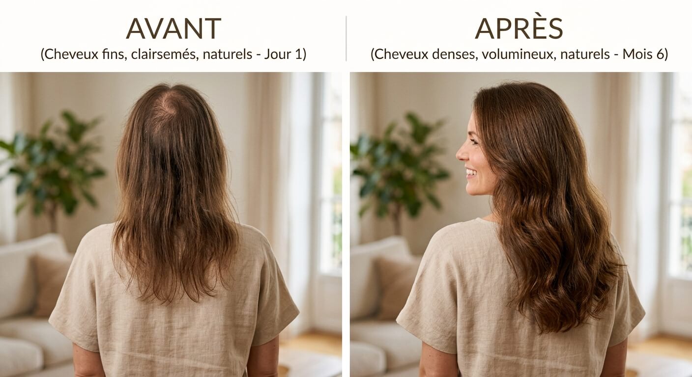 Comparaison avant-après de la densité capillaire d'une femme aux cheveux fins après soins naturels.