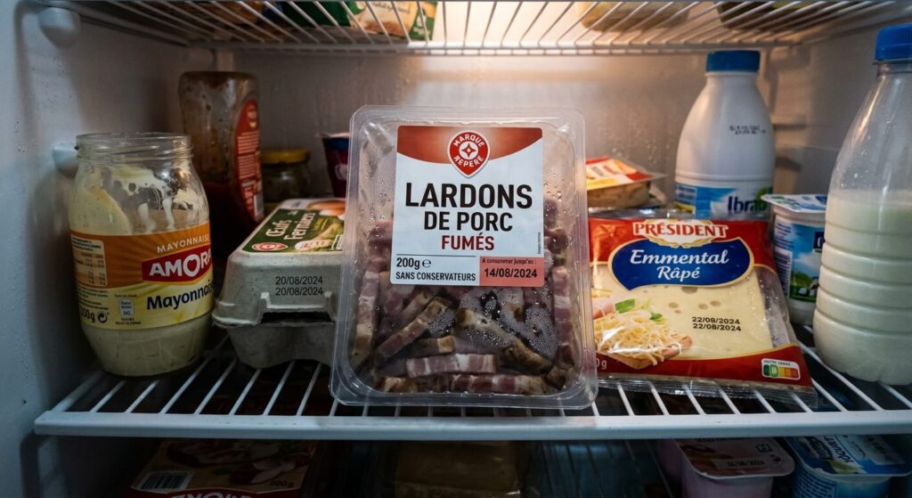 Peut-on manger des lardons périmés de 10 jours ? 2 Barquette plastique de lardons de porc affichant une date limite de consommation dépassée au réfrigérateur.
