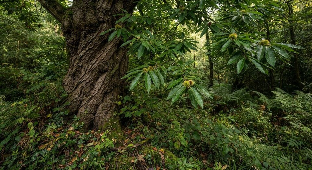 Tronc d'un vieux châtaignier et ses feuilles dentées caractéristiques en sous-bois.