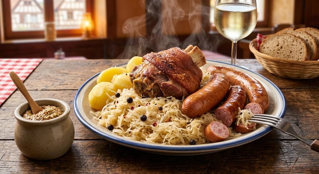 Comment réchauffer une choucroute déjà cuite sans la dessécher 4 Assiette de choucroute alsacienne réchauffée bien chaude avec jarret et moutarde.