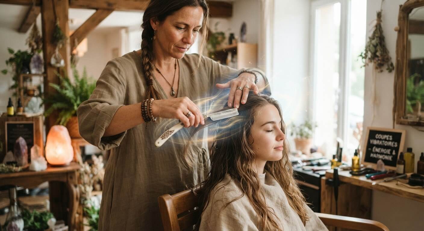 Coiffeur énergéticien réalisant une coupe vibratoire au rasoir traditionnel coupe-chou.