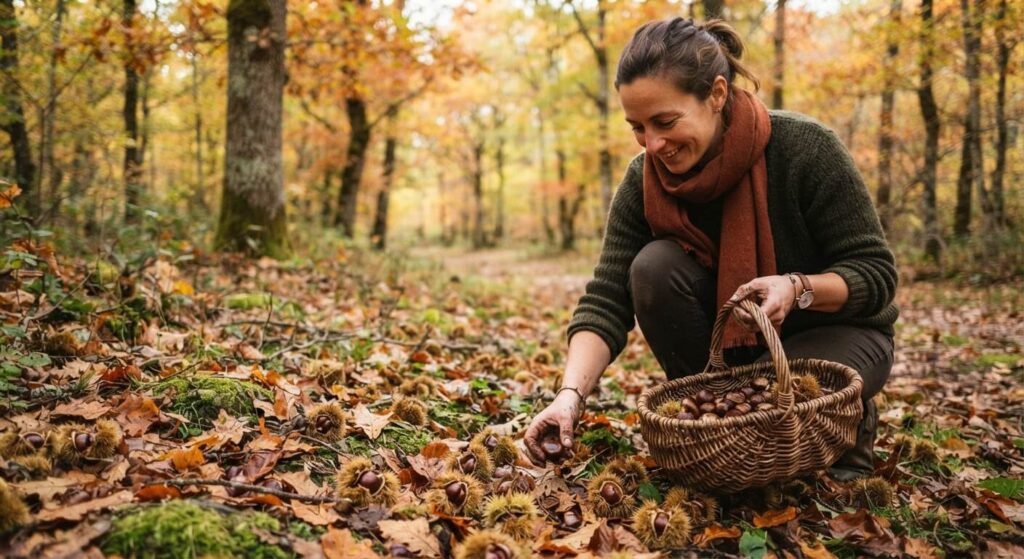 Personne ramassant des châtaignes tombées de leurs bogues ouvertes sur le sol d'une forêt en automne.