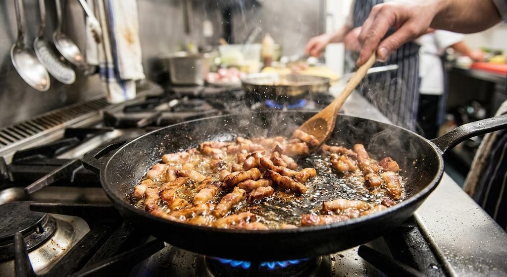 Peut-on manger des lardons périmés de 10 jours ? 3 Lardons dorant à la poêle à haute température lors d'une préparation culinaire.