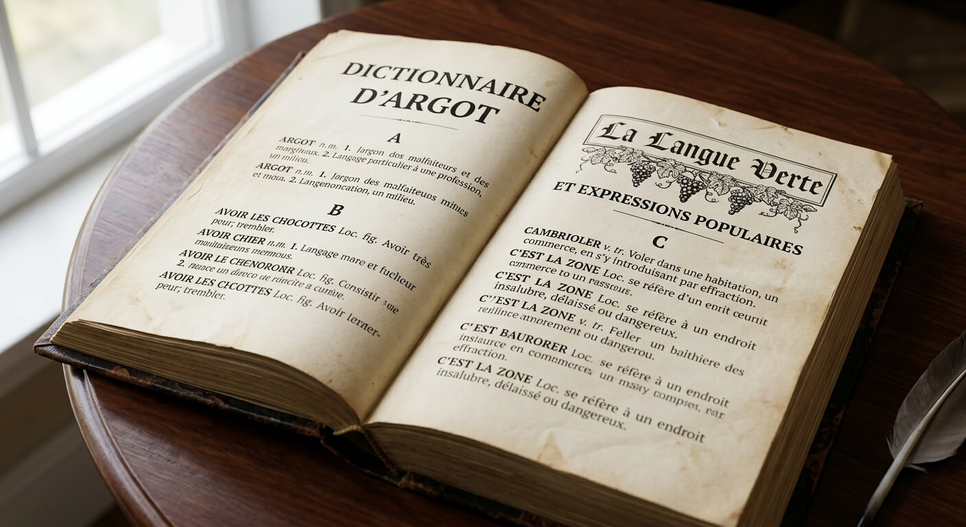 Page ouverte d'un dictionnaire d'argot et d'expressions populaires françaises de la langue verte.