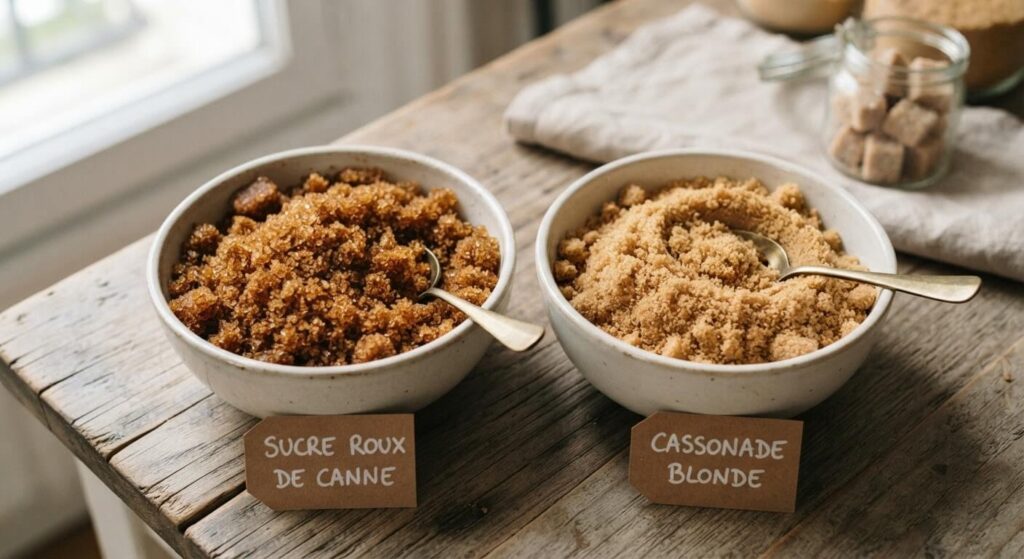Deux bols comparant la texture du sucre roux de canne et de la cassonade blonde.