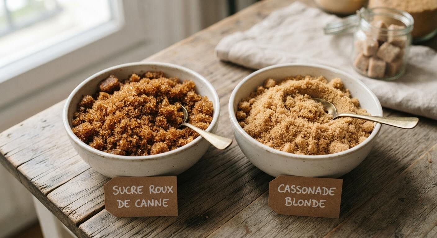 Deux bols comparant la texture du sucre roux de canne et de la cassonade blonde.