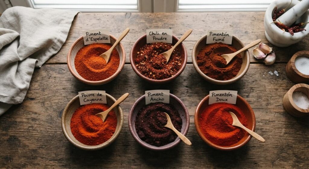 Assortiment de poudres d'épices rouges dans des coupelles pour remplacer le paprika en cuisine.
