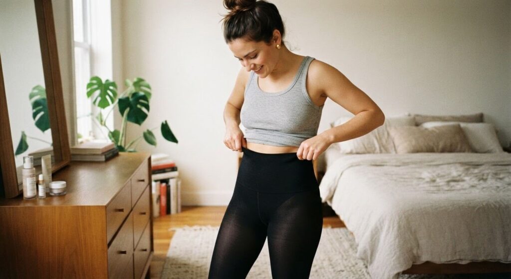 Collants qui ne serrent pas le ventre : comment bien choisir 2 Femme enfilant un collant noir opaque doté d'une ceinture ventrale très large et souple.