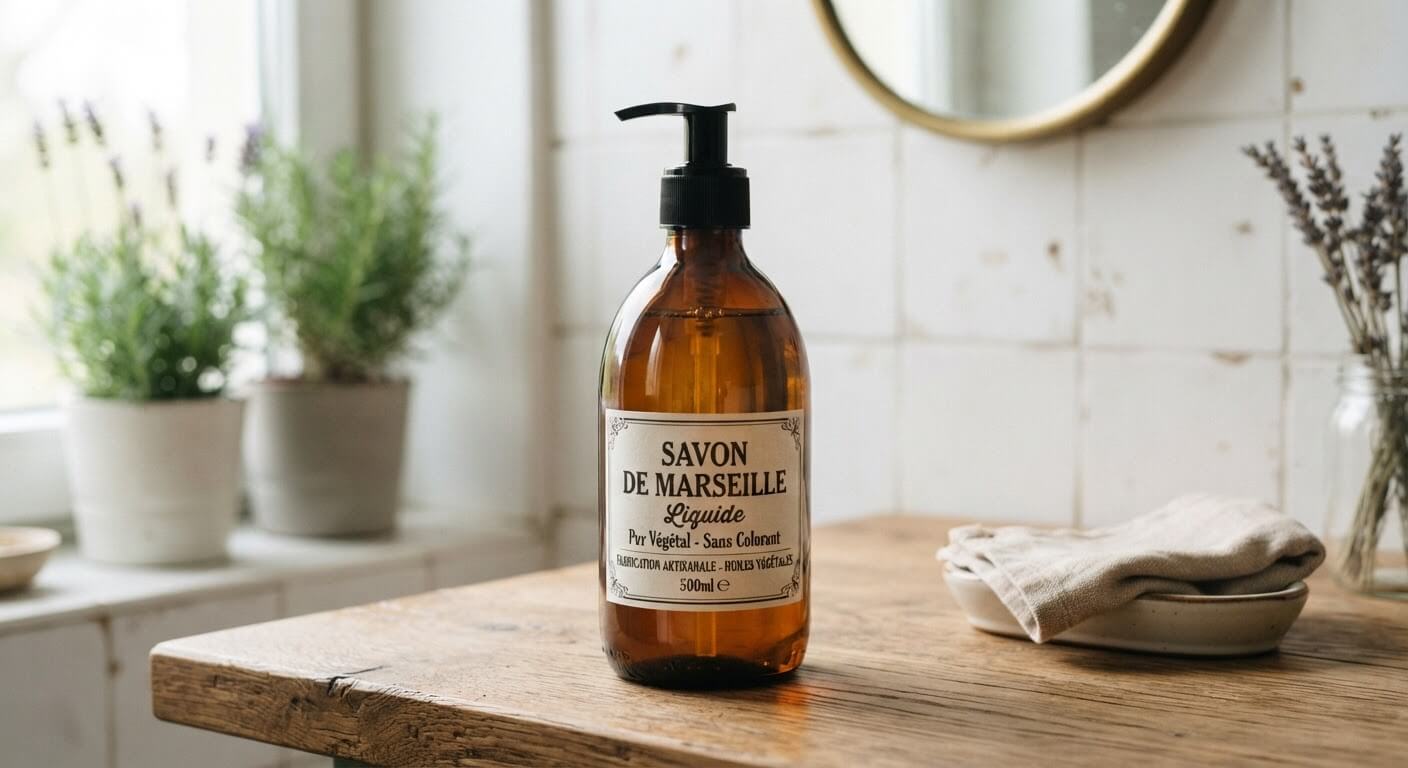 Flacon pompe en verre ambré contenant du savon de Marseille liquide pur végétal sans colorant.