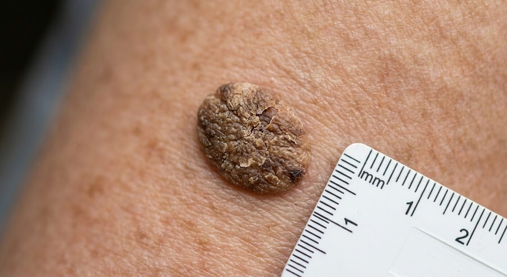 Grain de beauté sec qui tombe : est-ce dangereux ? 4 Gros plan sur une kératose séborrhéique rugueuse et sèche pouvant se détacher spontanément.