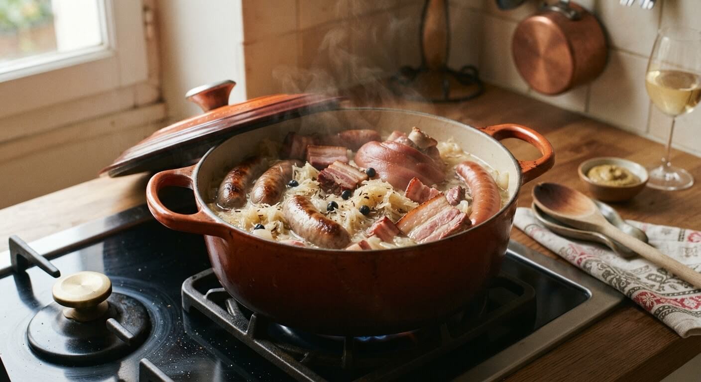 Choucroute garnie mijotant doucement dans une cocotte en fonte avec saucisses et lard.