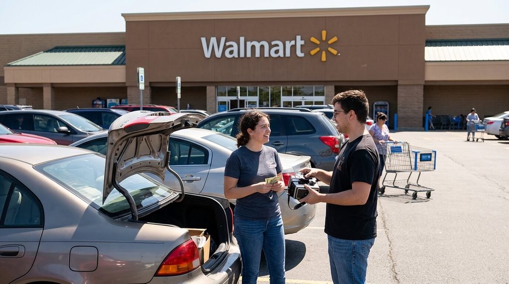 L'équivalent de Le Bon Coin aux États-Unis 3 Deux personnes procédant à une transaction d'occasion en main propre sur le parking d'un supermarché américain.