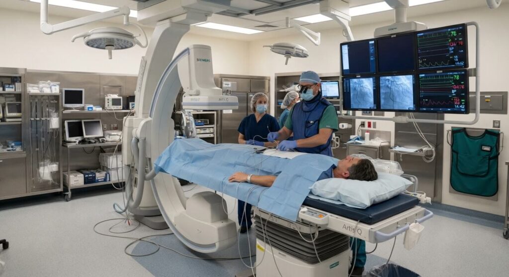Équipement d'une salle de coronarographie avec table d'examen et arceau radiologique.