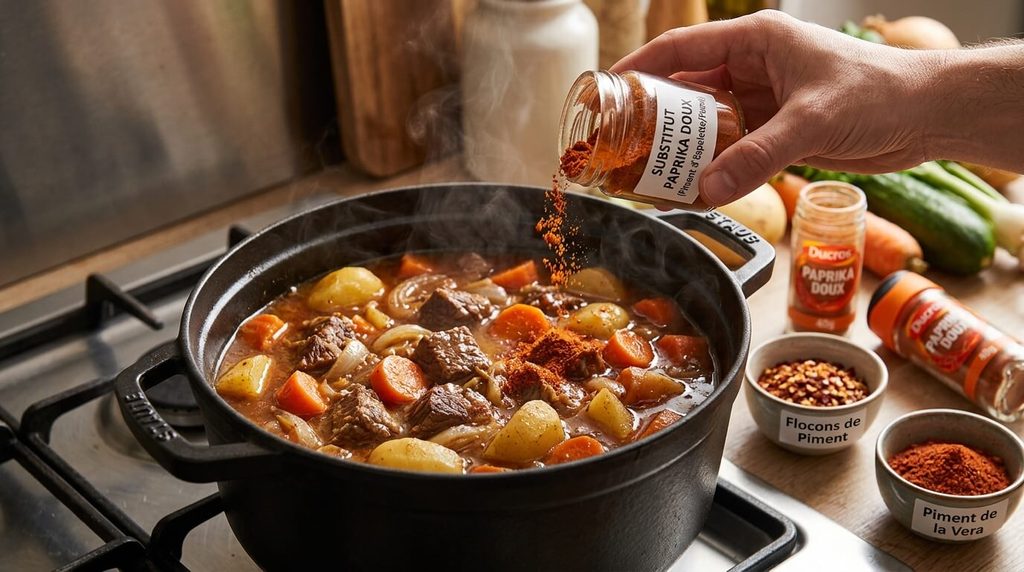 Préparation d'un plat mijoté avec ajout d'une épice de substitution au paprika doux.