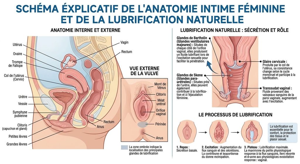 La cyprine est-elle comestible ? Goût, risques pour la santé et idées reçues 3 Schéma explicatif de l'anatomie intime féminine et de la lubrification naturelle.