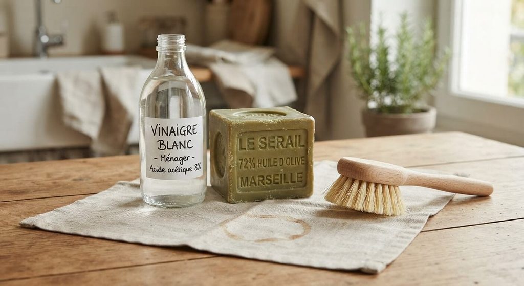 Produits naturels pour détacher les tissus : vinaigre blanc, savon de Marseille et brosse douce.