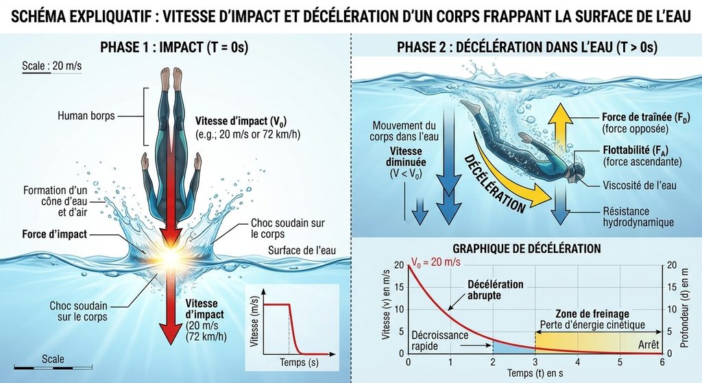 Schéma explicatif montrant la vitesse d'impact et la décélération d'un corps frappant la surface de l'eau.