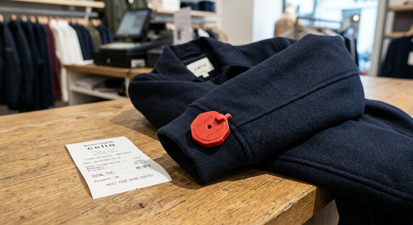 Badge antivol en plastique fixé sur la manche d'une veste neuve à côté de son ticket de caisse.