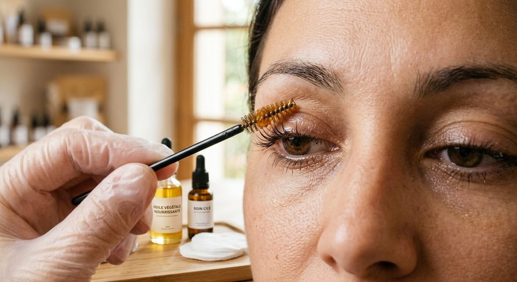 Cils frisés après rehaussement : pourquoi et comment les rattraper 3 Application d'huile végétale nourrissante au goupillon sur des cils abîmés pour les réparer.