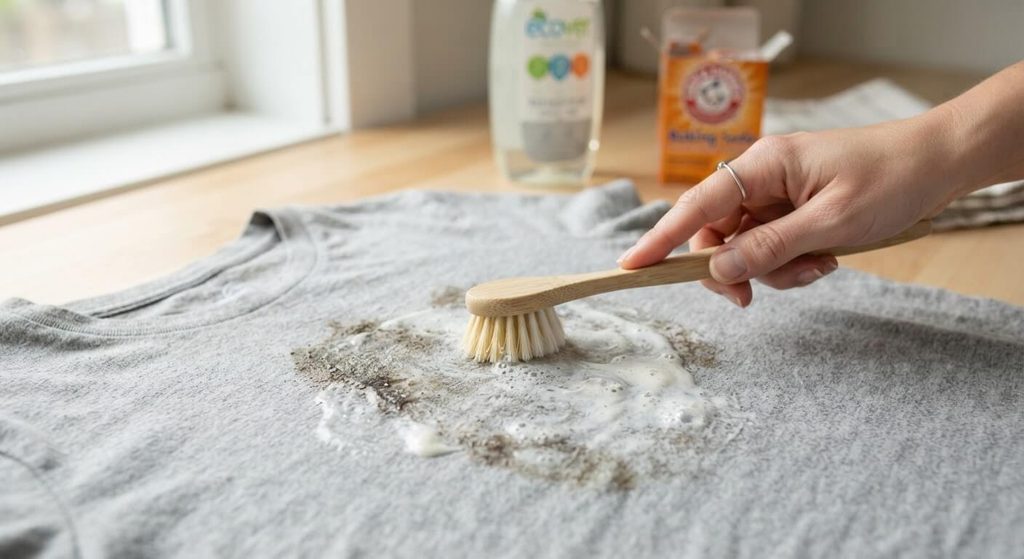 Brossage doux d'une pâte de liquide vaisselle et de bicarbonate sur une tache de graisse sèche.