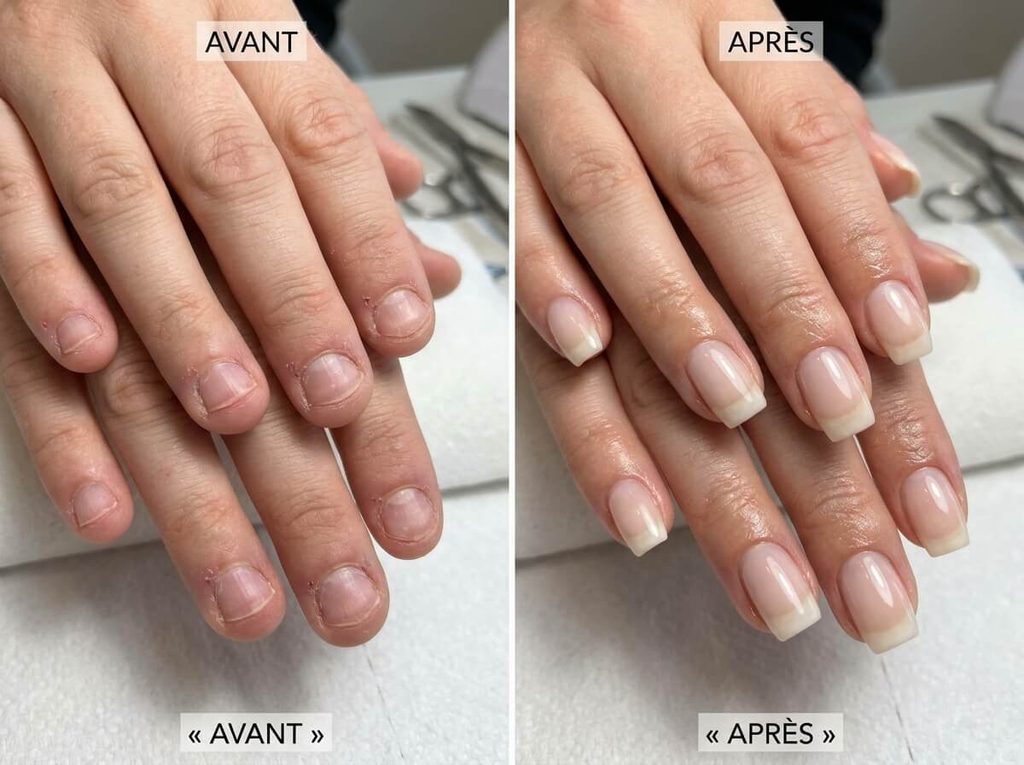 Comparatif avant et après d'une reconstruction d'ongles rongés montrant la réinstallation du bord libre.
