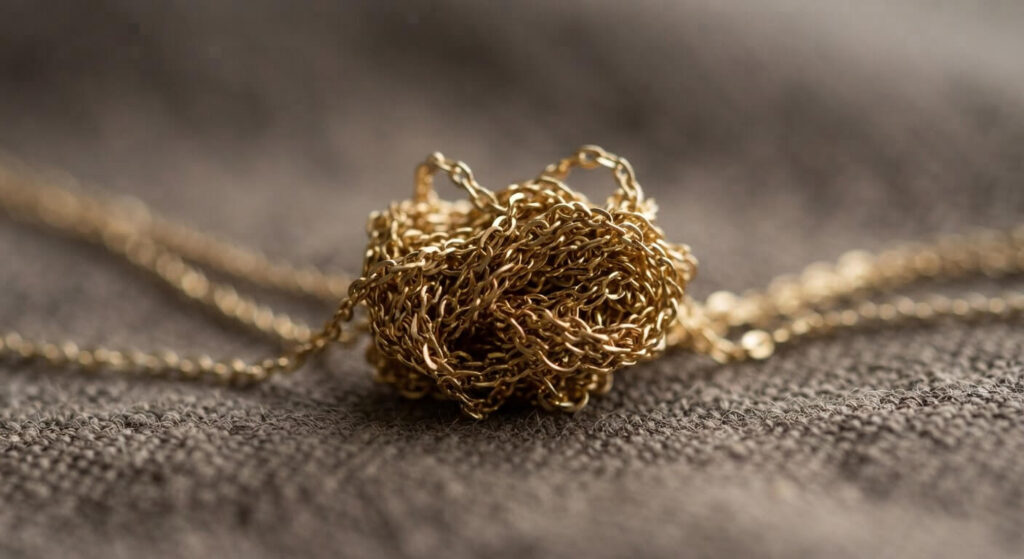 Collier qui s'emmêle : signification spirituelle et explication réelle 2 Chaîne fine en or formant des nœuds serrés impossibles à défaire facilement.
