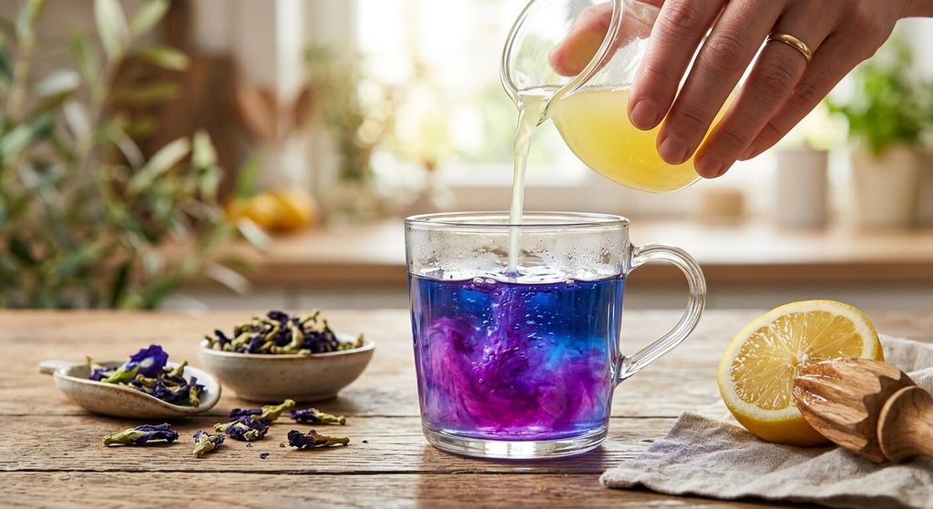Gouttes de jus de citron versées dans une boisson Clitoria ternatea virant instantanément du bleu au violet.