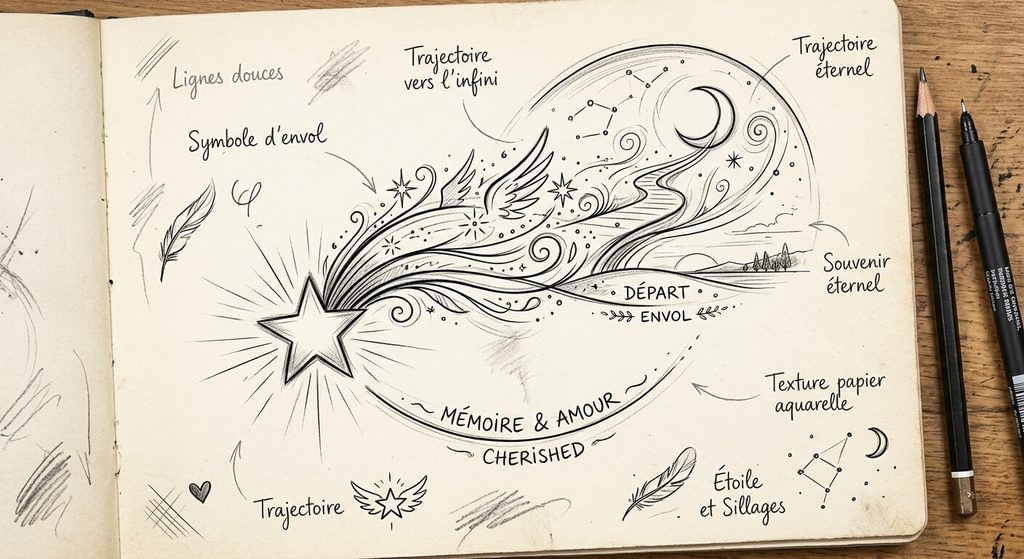 Dessin préparatoire d'une étoile filante stylisée symbolisant le départ d'un proche disparu.