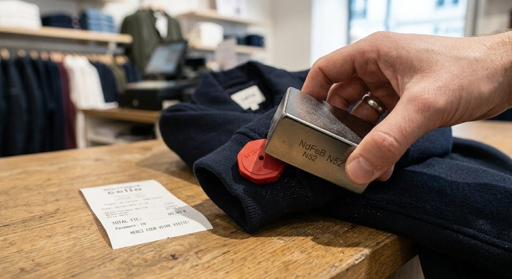 comment enlever un antivol oublié par la caissière ? 3 Déverrouillage d'un antivol textile à l'aide d'un aimant néodyme puissant.