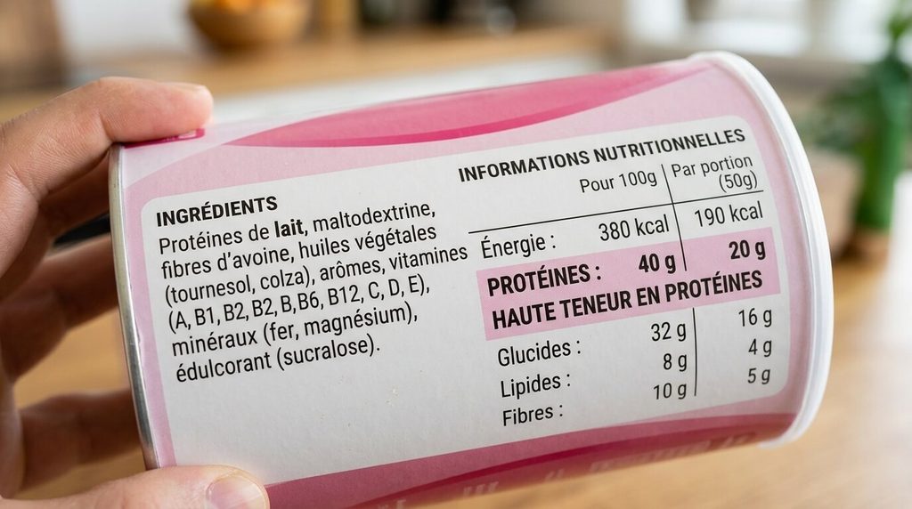 Gros plan sur les ingrédients et la teneur en protéines sur l'étiquette d'une boîte de substitut de repas.