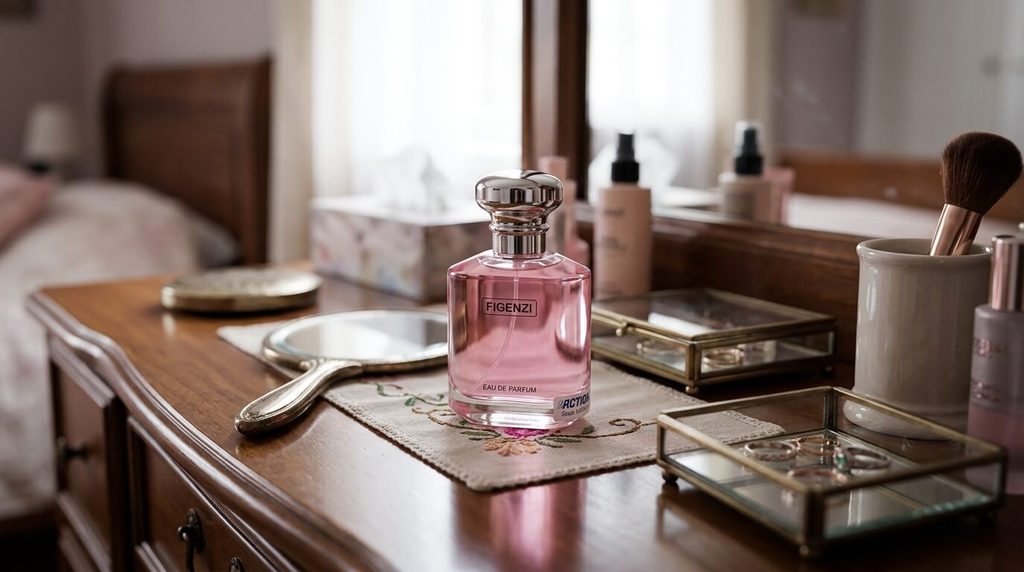 Liste dupe parfum Action : tableau des correspondances 4 Flacon d'eau de parfum Figenzi vendu chez Action posé sur une coiffeuse.