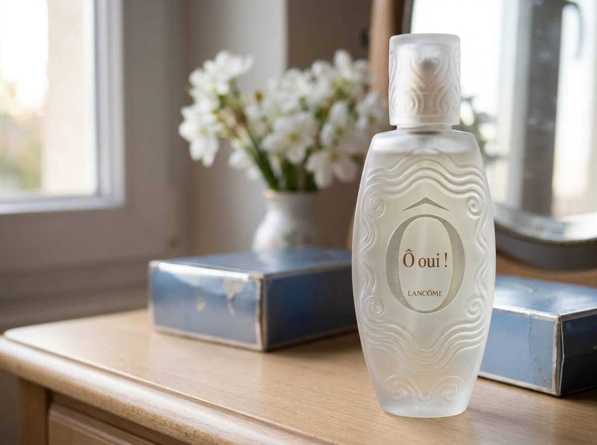 Flacon en verre dépoli emblématique du parfum Ô Oui de Lancôme sorti en 1998.