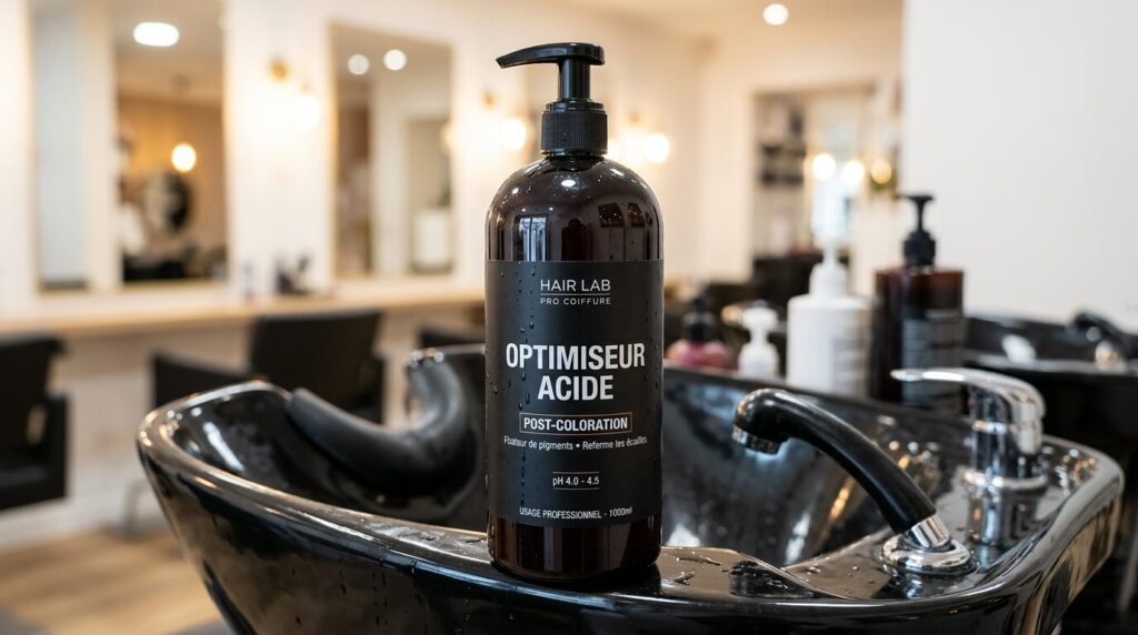 Quel shampoing après une patine Dialight : rinçage immédiat et entretien 2 Bouteille de shampoing optimiseur post-coloration acide utilisé au bac de lavage.