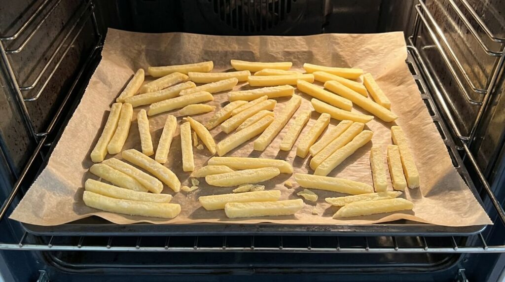 Bâtonnets de frites surgelées étalés en une seule couche sur du papier sulfurisé au four.