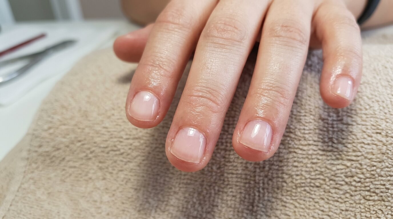 Renforcement discret en gel ou rubber base posé sur une plaque d'ongle très courte et rongée.