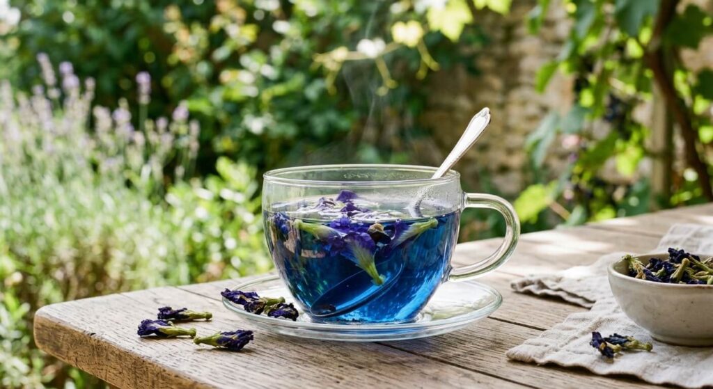Infusion bleue naturelle de fleurs de pois papillon Clitoria ternatea dans une tasse transparente.