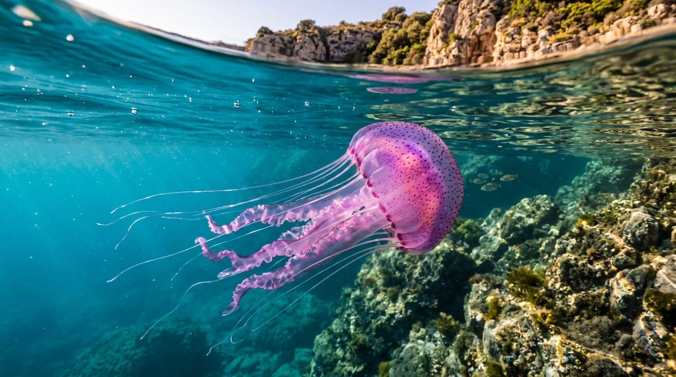 Méduse pélagique violette urticante nageant près des côtes rocheuses en Sicile.