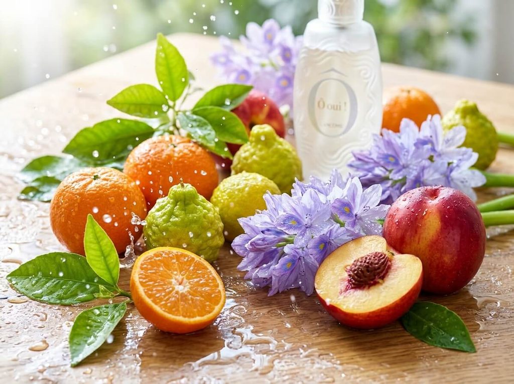 Composition olfactive florale et fruitée rappelant les notes de tête du parfum Ô Oui.