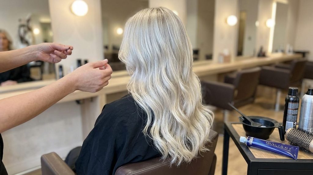 Quel shampoing après une patine Dialight : rinçage immédiat et entretien 3 Chevelure blonde lumineuse et glacée sortant d'une patine ton sur ton Dialight.