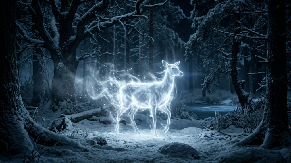 Pourquoi Rogue et Lily ont le même patronus : l’explication dans Harry Potter 2 La biche argentée lumineuse du Patronus apparaissant au cœur de la forêt de Dean dans Harry Potter.
