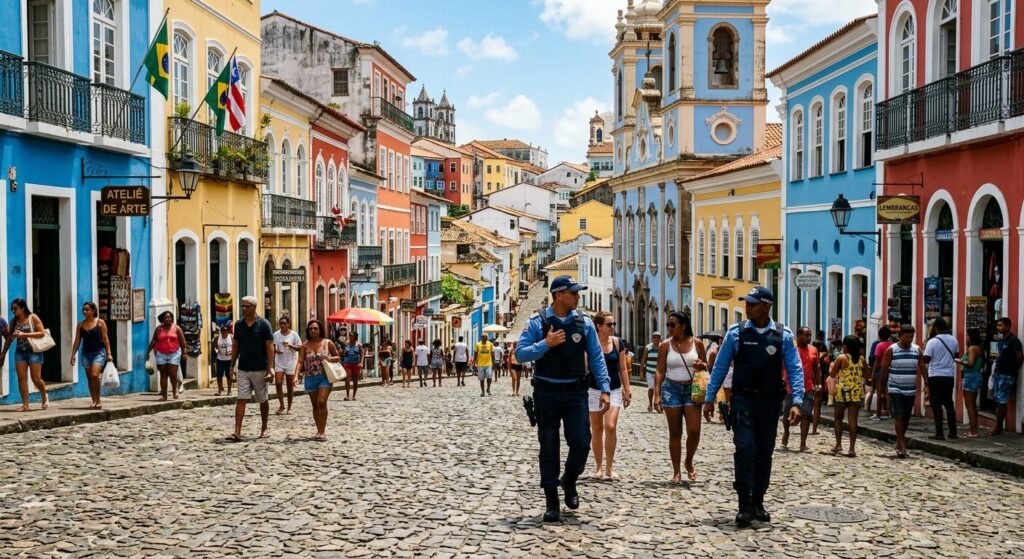 Rues pavées et façades colorées du quartier historique du Pelourinho surveillées par la police touristique.