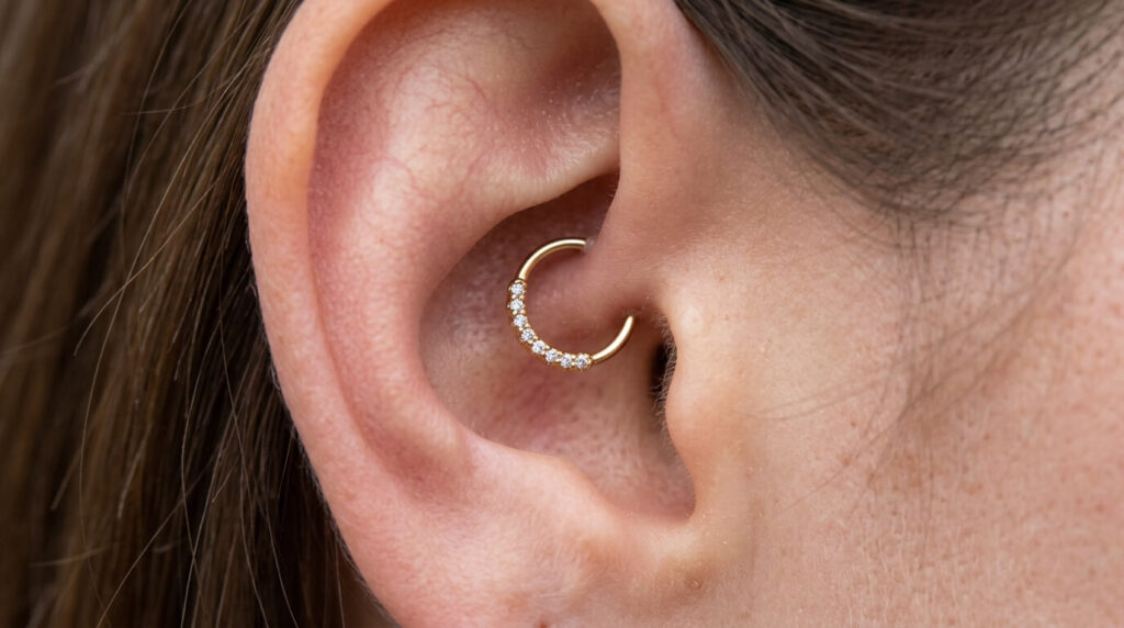 Gros plan sur un piercing Daith positionné sur le repli de cartilage au-dessus du conduit auditif.