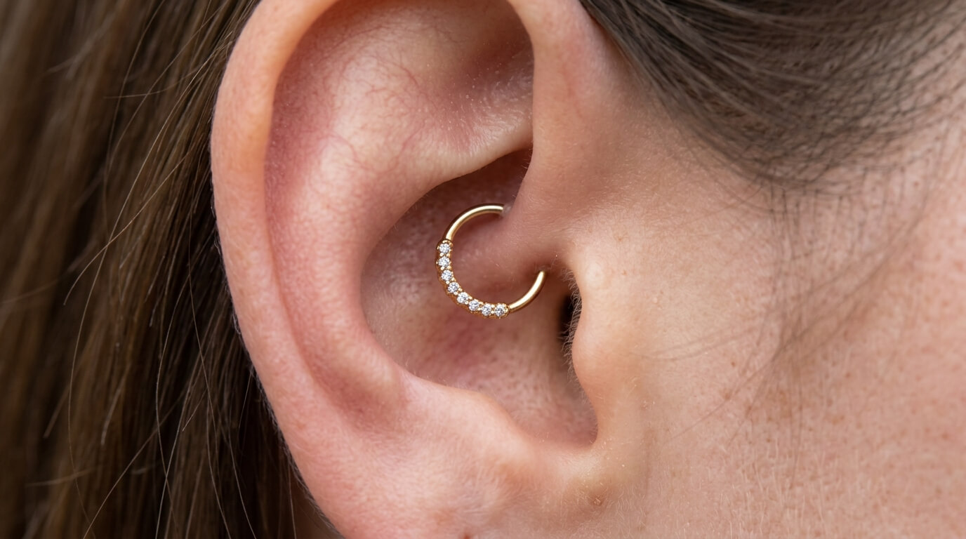 Gros plan sur un piercing Daith positionné sur le repli de cartilage au-dessus du conduit auditif.