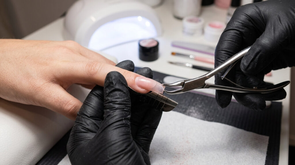 Prothésiste ongulaire appliquant une pince à pincher métallique sur une extension en gel UV.