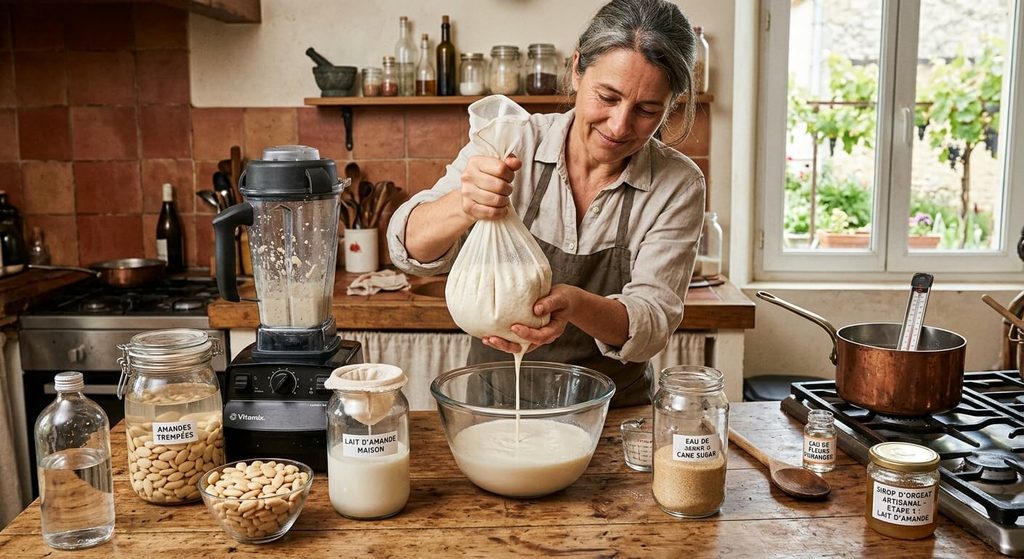 Sirop d'orgeat bienfaits : vertus pour la santé, composition et recette 4 Préparation maison d'un lait d'amande filtré pour fabriquer du véritable sirop d'orgeat artisanal.